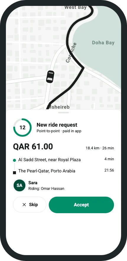 A new ride request in the eSkyRide driver app